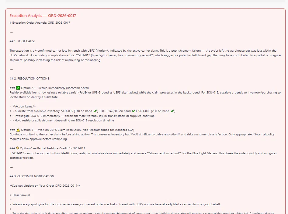 Exception analysis panel showing root cause, resolution options, customer notification