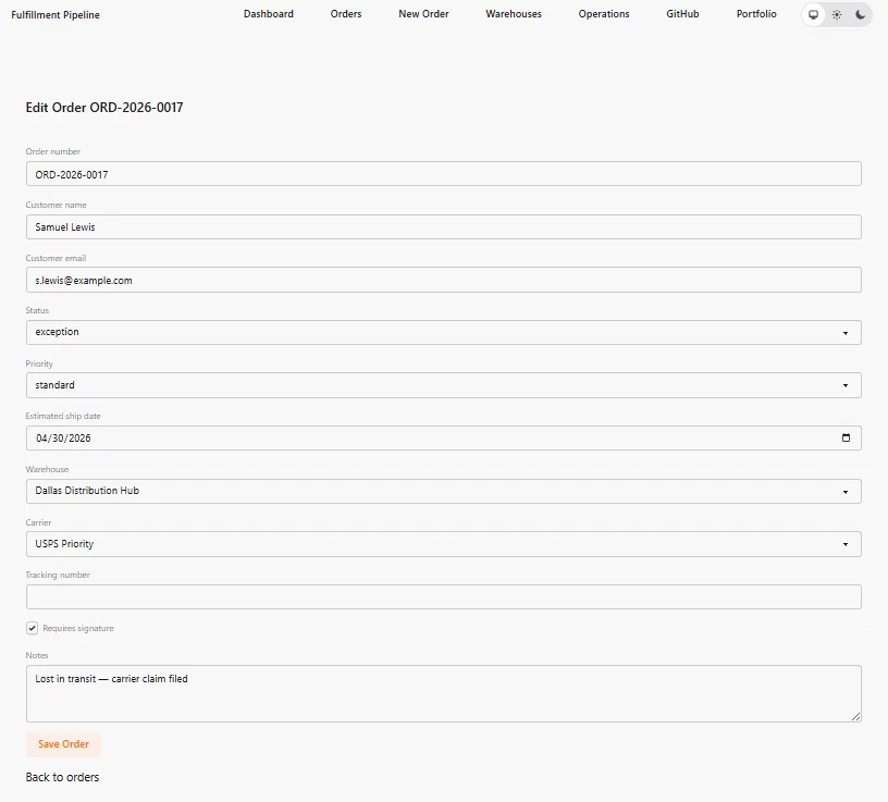 Edit form showing warehouse dropdown, carrier dropdown, all fields populated